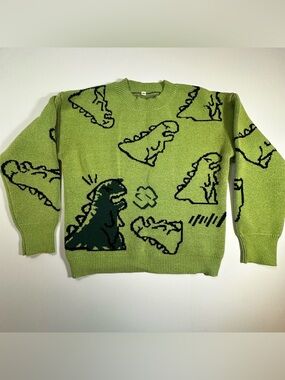 Quirky Green Dinosaur Cartoon Knit Sweater Unisex Medium Crewneck Pullover
